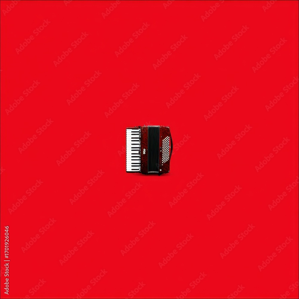 Aufkleber a dark red accordion is centered on a solid red background. simple, minimalist image.