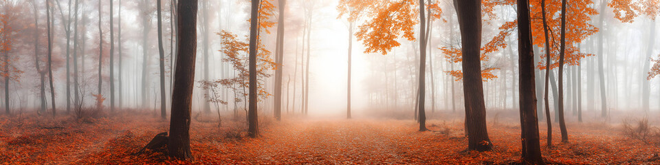 Nebliger Herbstmorgen im Wald mit goldenem und rotem Laubteppich, weichem Nebel zwischen den B&auml;umen und stimmungsvoller Atmosph&auml;re in der Natur