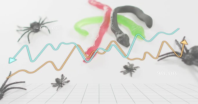 Orange and turquoise arrows appearing then unfolding data lines crossing worms showing data labels