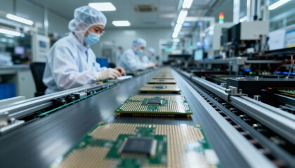Semiconductor Manufacturing: Automated Assembly Line Production of Computer Chips in a High-Tech Factory, Featuring Engineers