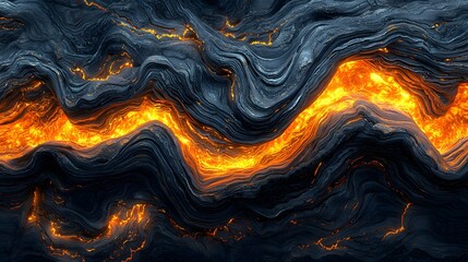 Molten lava flows through textured, dark rock formations, creating a fiery, dramatic scene.