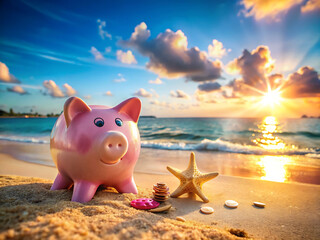 Piggy bank on a tropical beach at sunset, symbolizing saving for a dream vacation or retirement