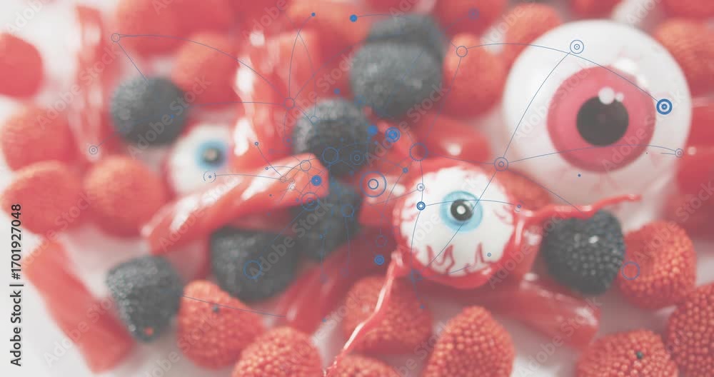 Poster faint blue nodes appearing over candy cluster, forming network, dissolving to illustrate data links