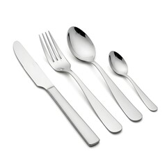 Shiny stainless steel cutlery set on white background