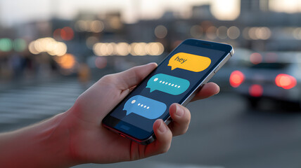 Digital Dialogue: A close-up shot showcases a hand deftly holding a modern smartphone, the screen illuminated with colorful message bubbles, against a dynamic street backdrop
