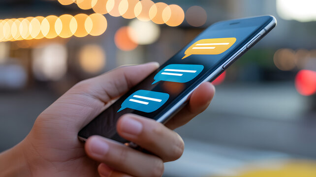 Smartphone Messaging: A close-up shot of a hand holding a sleek smartphone, the screen displaying vibrant message bubbles against a blurred cityscape backdrop.