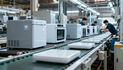 Appliance Assembly Line: Automated Production of Modern Refrigerators and Kitchen Equipment in a Factory Setting