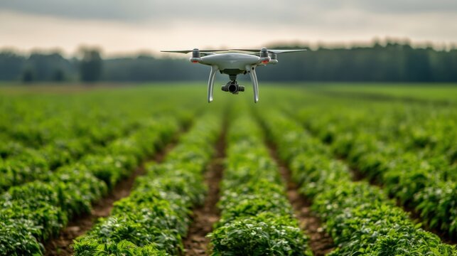 Agricultural Drone Flying Over Green Field Inspecting Crops, Implementing Precision Farming for Sustainable Agriculture