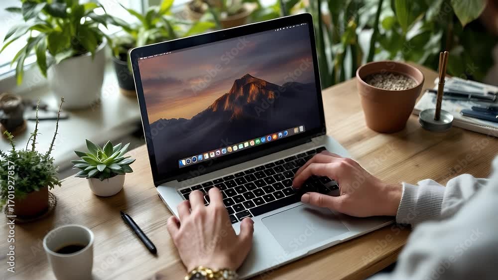 Poster digital workspace with notebook: a person's hands on a notebook's keyboard, highlighting the essence