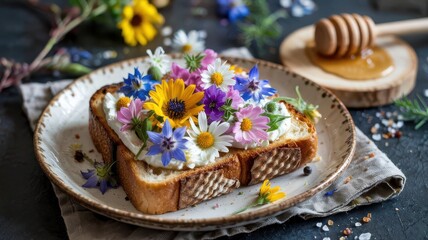 Floral garnish adorns artisan sourdough toast with creamy white spread and vibrant edible flowers including borage, daisies, calendula on rustic ceramic plate