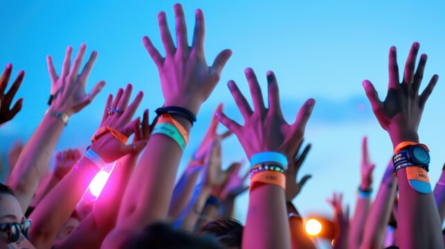 Energetic crowd raising hands at a vibrant music event, illuminated by colorful lights and glowing accessories, symbolizing joy and celebration.