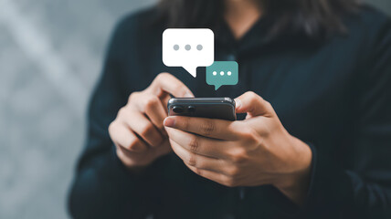 Texting a Connection: A person's fingers deftly maneuver across a phone screen, summoning thought bubbles that represent digital communication.