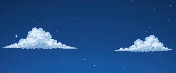 Naklejka premium Whimsical cartoon night sky with stylized fluffy clouds, sparkling stars, and a serene crescent moon, a dreamy illustration