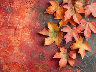 Obraz premium Autumnal still life featuring vibrant red and orange maple leaves artfully arranged on a textured, dark red background, leaving ample copy space