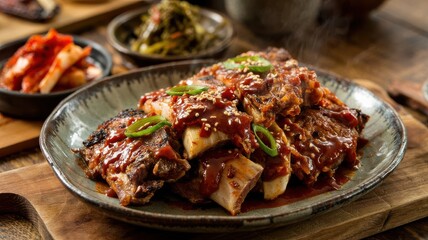Korean gochujang ribs glazed in rich spicy sauce with sesame seeds and green onions, served on traditional ceramic plate with authentic banchan side dishes