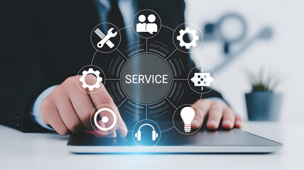 Service Icon: Hands interacts with a digital tablet, surrounded by an interactive circular interface of essential service icons, symbolizing seamless assistance and support, conveying professional.