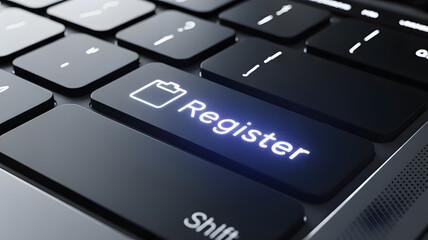 Register Button on Keyboard: A close-up shot highlights the 'Register' button on a keyboard, illuminated with a soft glow, symbolizing online access.