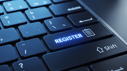 Register Key on Keyboard: A close-up shot of a modern laptop keyboard, highlighting the 'register' key. The illuminated key suggests user interface.