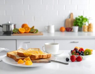 Orange Marmalade Toast with Berries and Fruit in Bright Kitchen