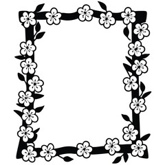 Delicate thin adult coloring border composed of blooming cherry blossoms and leaves decorative frame
