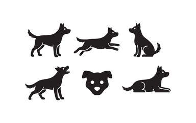 A collection of various dog silhouette in a black vector illustration set
