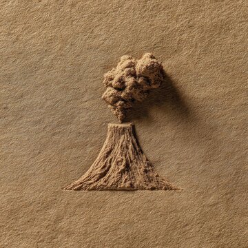 A miniature volcano erupting, crafted from sand on a beige, textured background. The image is detailed and shows the texture of the sand.