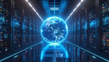 A data center hallway with server racks. A glowing Earth globe floats in the center, bathed in blue light, representing global connection