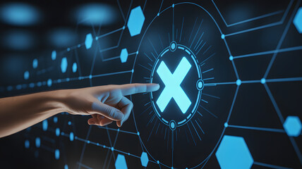 Digital Rejection: A hand is seen interacting with a futuristic digital interface, selecting a prominent X symbol, conveying themes of denial and non-acceptance.