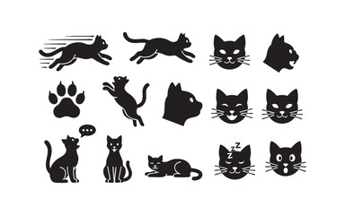 A collection of various feline silhouettes, including black cats, in a vector illustration set perfect for pet lovers and Halloween designs