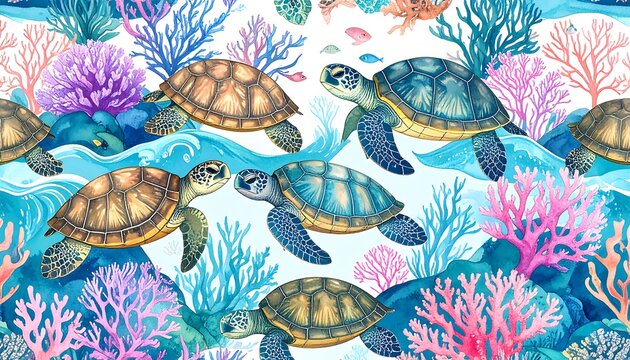 Colorful sea turtles and coral reef pattern