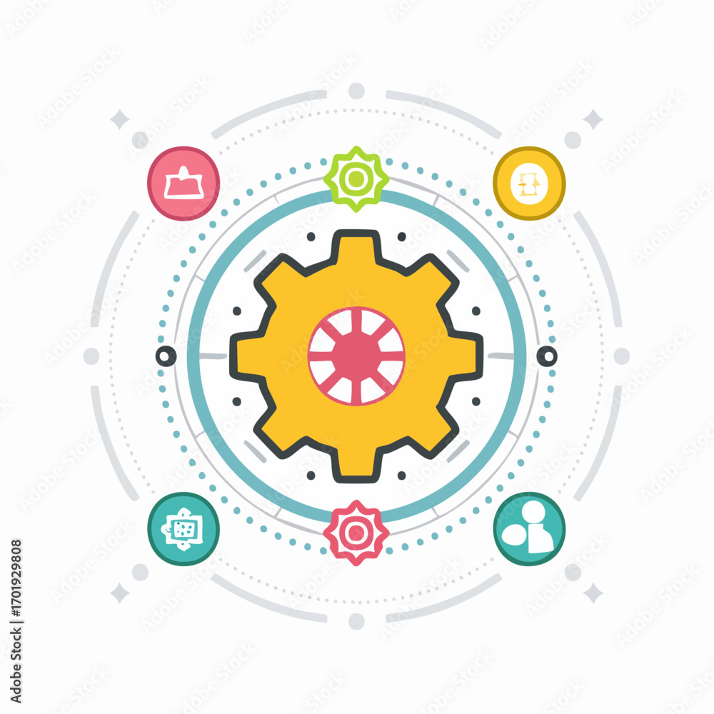 Poster flat design illustration of a workflow system with a central gear and abstract icons
