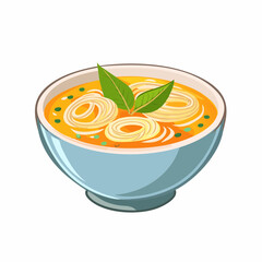 Vibrant illustration of a bowl of noodle soup featuring white noodles orange broth and fresh basil