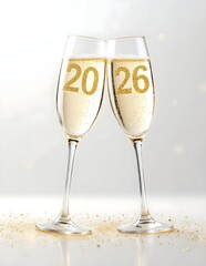 2026 text inside champagne glasses in light background