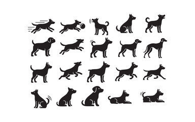 Black vector silhouettes of various dog breeds running and jumping, a perfect illustration for a pet animal collection