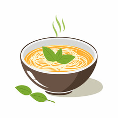 A Warm Bowl of Spaghetti Soup with Fresh Basil Leaves and Steam
