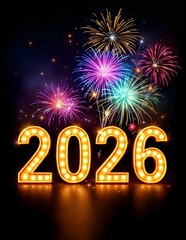 New Year 2026 with glowing gold and fireworks skyline background v1