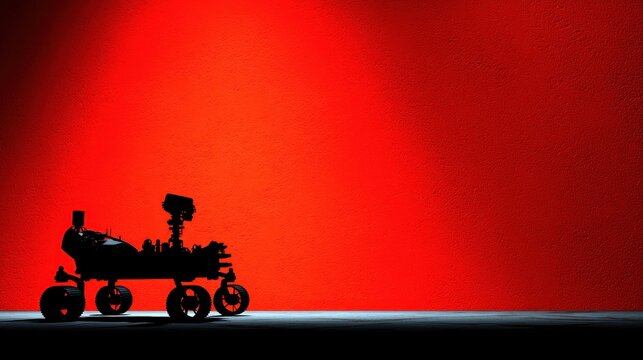 A black silhouette of a rover like vehicle is set against a vibrant red backdrop, creating a dramatic contrast.