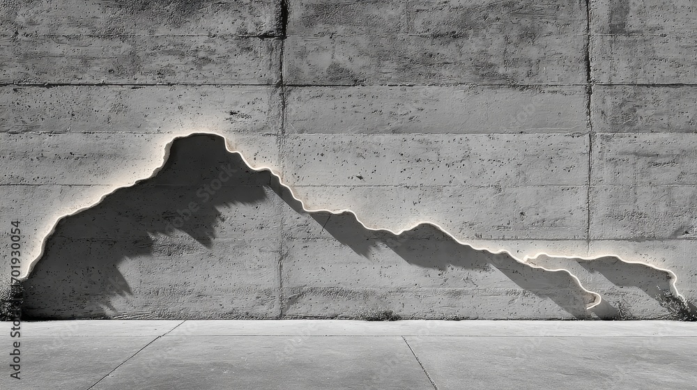 Poster a grayscale image depicting a mountain range silhouette subtly illuminated against a textured concre