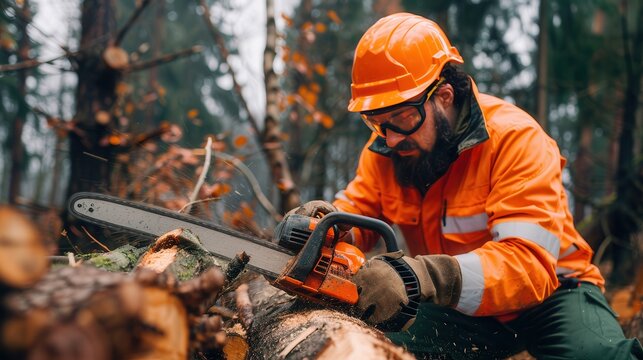 Professional logger in orange safety gear cutting a tree log with a powerful chainsaw in a forest, emphasizing forestry work and wood production. - Powered by Adobe