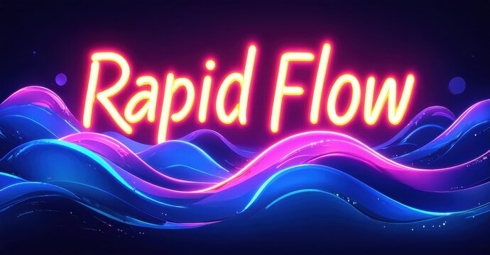 Bright neon waves form backdrop for text Rapid Flow. Vivid purple, blue hues dominate design. Dynamic, energetic visual.