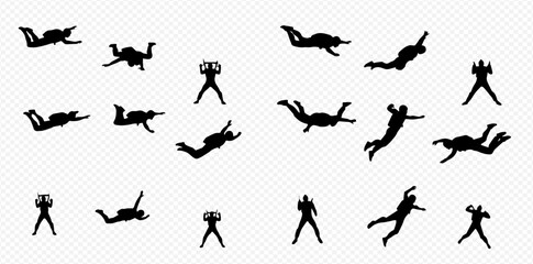 A collection of black silhouettes depicting skydivers in different dynamic freefall and pre-jump poses.