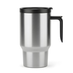 Stainless steel travel mug with handle and black lid