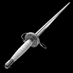 Close up view of a silver foil fencing rapier, featuring a white grip and intricate details. The rapier is sharply pointed and elegantly designed.