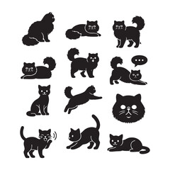 A collection of cute cat and kitten silhouettes, including black cats, in a vector illustration set