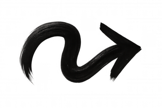 Black curved brush stroke arrow directing rightward, transparent backdrop, signaling movement or emphasizing visual elements