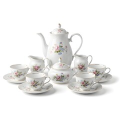 Elegant floral porcelain tea set with coffee pot cups and saucers