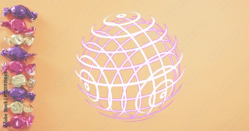 Poster After two seconds glowing lattice sphere rotating and pulsing, candies stacking into left column