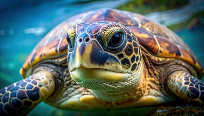 Obraz premium Close-up view of a sea turtle's head, showcasing intricate patterns and textures of its shell and face, set against a blurred background of aqua water.