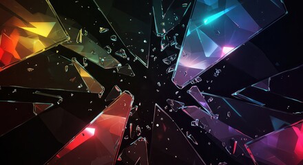Shattered colorful glass fragments against a black background, vibrant and dynamic.