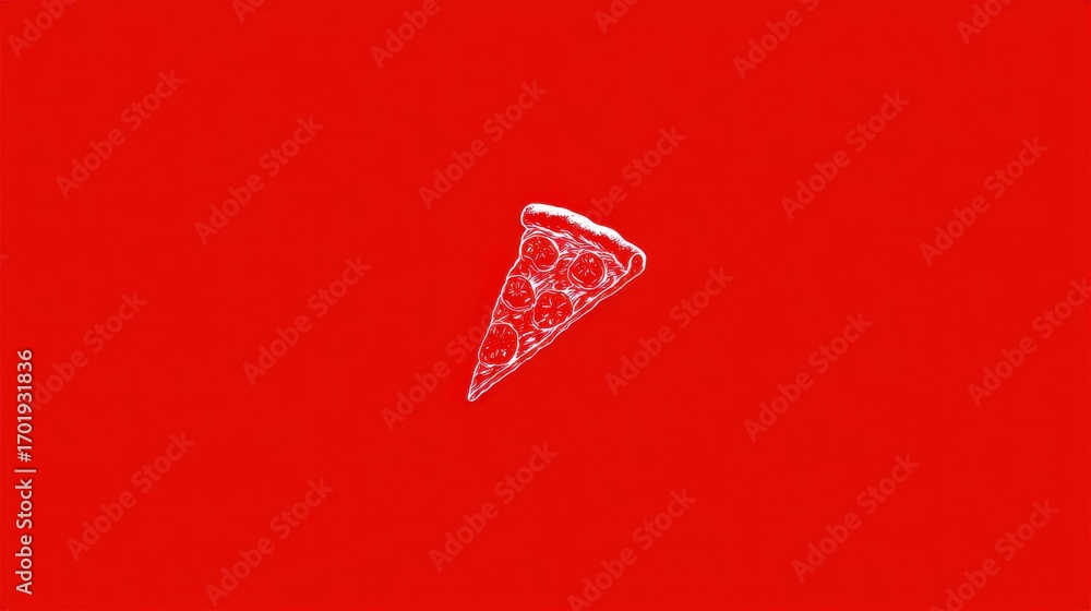 Poster a single slice of pizza is shown in the center of a solid red background. the pizza slice is depicte